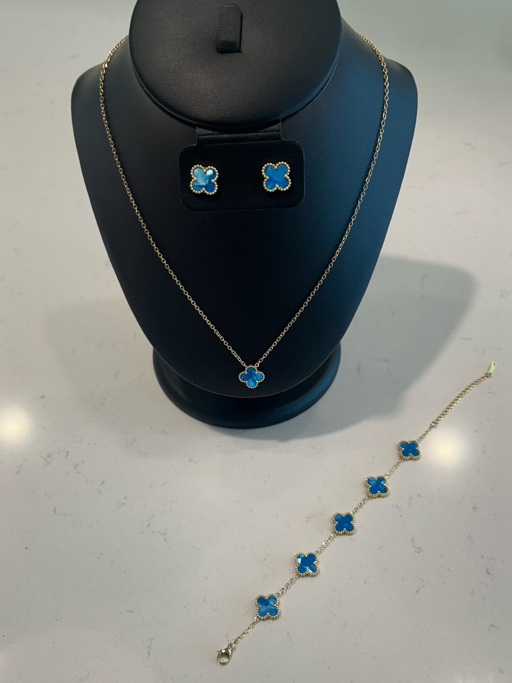 Gold-Tone Blue Clover Necklace, Bracelet & Stud Earring Set - Women Jewelry
